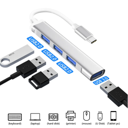 Portable 4-Port USB-C Hub Adapter USB-C to USB-3.0 x1 USB-2.0 x3 Data Transfer Charging for PC \ Laptop