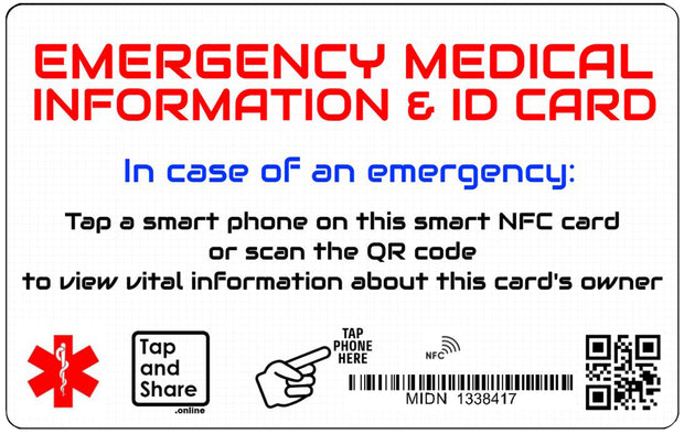 Smart NFC Emergency Medical Alert ID Information Card with passive geolocation tracking system