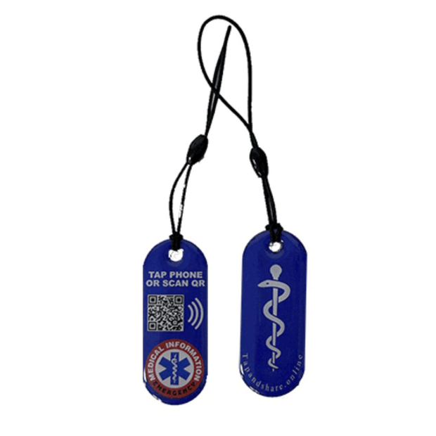 Blue Smart NFC Emergency Medical Information Keyring with passive geolocation tracking system
