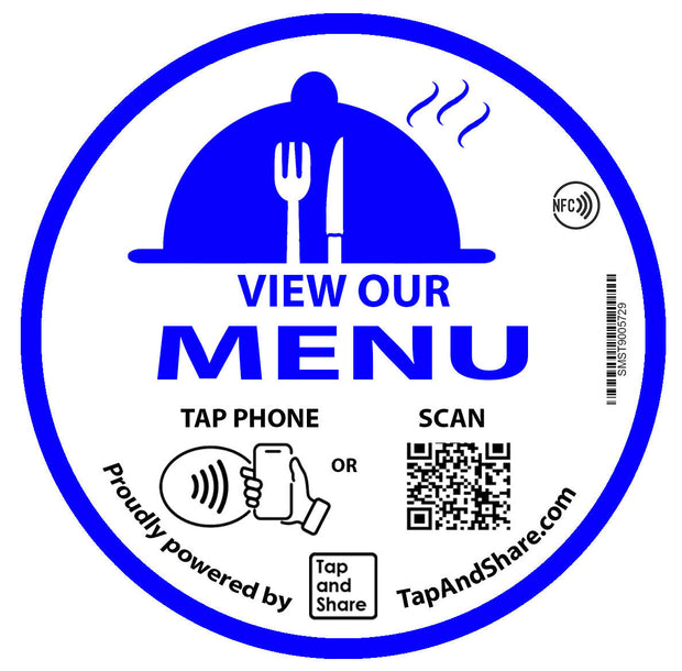 Tap and Share Contactless Sharing Smart NFC 'View Our Menu' 10cm Adhesive Sticker + QR code