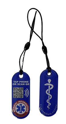 Blue Smart NFC Emergency Medical Information Keyring with passive geolocation tracking system