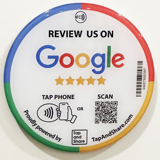Tap and Share Contactless Sharing Smart NFC 'Review Us on Google' 10cm Adhesive Epoxy Sticker + QR code