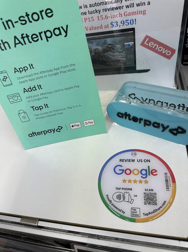 Tap and Share Contactless Sharing Smart NFC 'Review Us on Google' 10cm Adhesive Epoxy Sticker + QR code