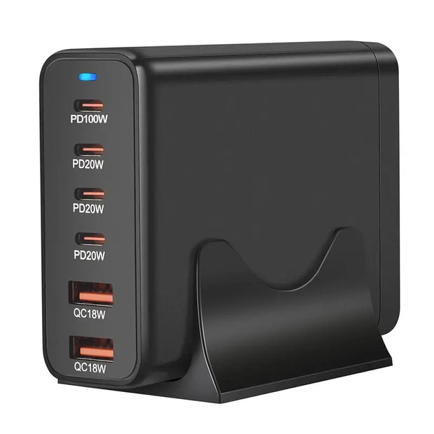 Dark Player 200W GaN USB-C Charger | 6-Port Fast Charging Station | 1x 100W USB-C PD, 3x 20W USB-C, 2x 18W USB-A QC