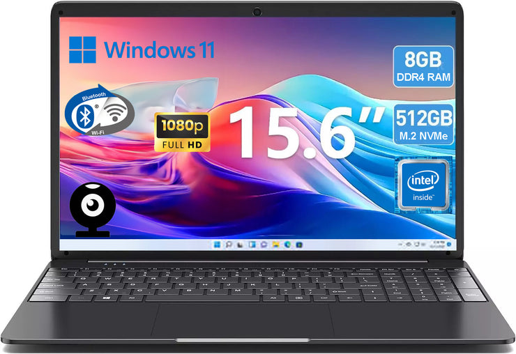 Dark Player 15.6" Home & Student Laptop | Intel Quad-Core Up to 2.50GHz | 8GB RAM | 512GB M.2 NVMe | WIFI | Bluetooth | Webcam | Windows 11