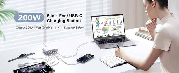 Dark Player 200W USB-C Charger | 6-Port GaN Fast Charging Hub (3 USB-C & 3 USB-A) | Multi-Device Charging Station for MacBook, iPad, iPhone, Samsung, Google Pixel