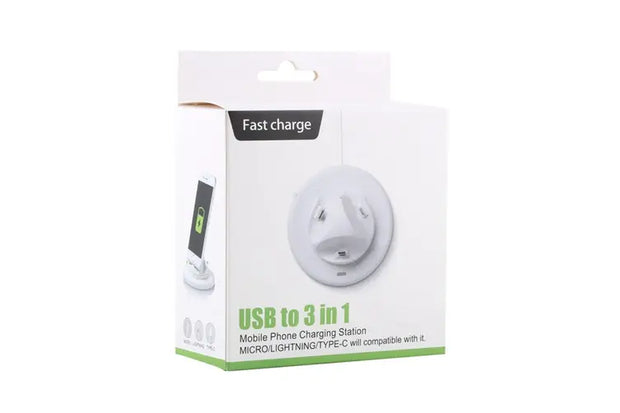 USB to 3 in 1 Mobile Phone Desktop Charging Data Sync Stand Station |Micro USB | Lighting | Type-C