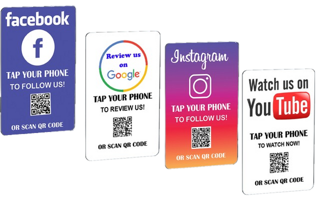 Tap and Share Contactless Sharing { 4 PACK } | Watch Us on YouTube | Instagram Connect | Review us on Google | Facebook Connect Card | Smart NFC+ QR code
