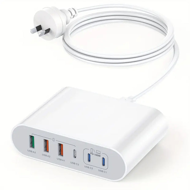 Dark Player 200W USB-C Charger | 6-Port GaN Fast Charging Hub (3 USB-C & 3 USB-A) | Multi-Device Charging Station for MacBook, iPad, iPhone, Samsung, Google Pixel