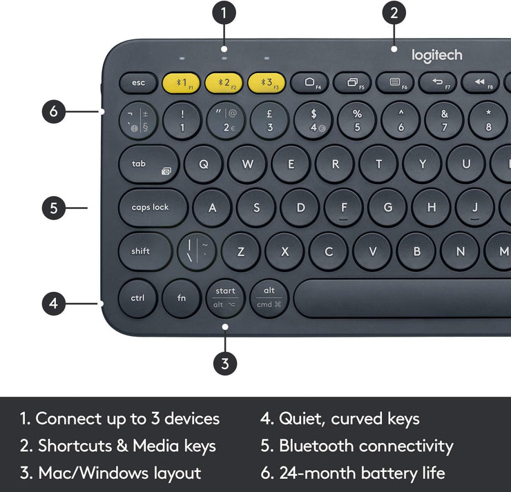 Logitech K380 Multi-Device Bluetooth Wireless Keyboard with Easy-Switch for Up to 3 Devices, Slim, 2 Year Battery. Deigned for PC, Laptop, Windows, Mac, Chrome OS, Android, iPadOS, Apple TV