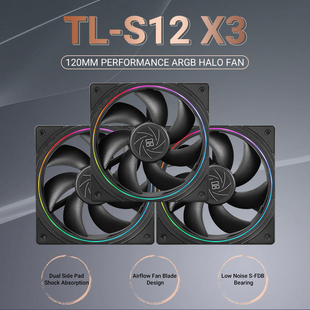 Thermalright TL-S12 ARGB 120mm Fan (3-Pack) – Black, 2000RPM, 4-PIN PWM