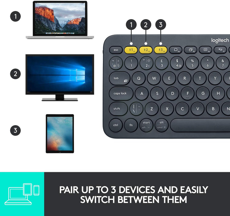 Logitech K380 Multi-Device Bluetooth Wireless Keyboard with Easy-Switch for Up to 3 Devices, Slim, 2 Year Battery. Deigned for PC, Laptop, Windows, Mac, Chrome OS, Android, iPadOS, Apple TV