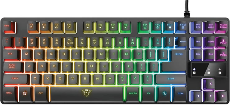Trust Gaming GXT 833 Thado NL/US Keyboard with TKL Design - Dutch QWERTY Keyboard Layout, US Keyboard - Anti-Ghosting, Multicoloured LED Lighting, 12 Media Keys, USB Plug & Play, PC/Laptop