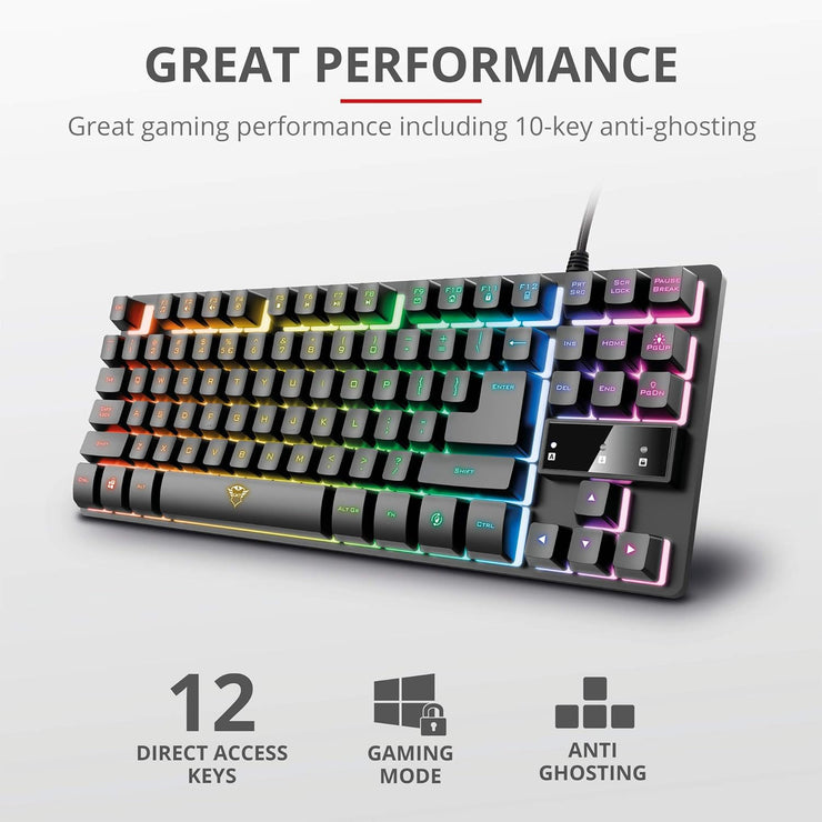 Trust Gaming GXT 833 Thado NL/US Keyboard with TKL Design - Dutch QWERTY Keyboard Layout, US Keyboard - Anti-Ghosting, Multicoloured LED Lighting, 12 Media Keys, USB Plug & Play, PC/Laptop