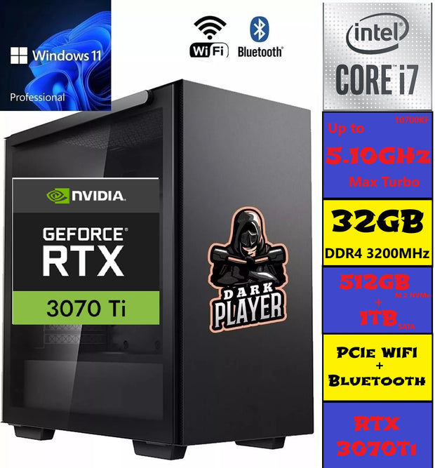 Dark Player Signature Gaming PC | Intel i7-10700KF | RTX 3070Ti | 32GB RAM | 512GB M.2 NVMe + 2TB SATA| WIFI + BT | Win 11  Pro