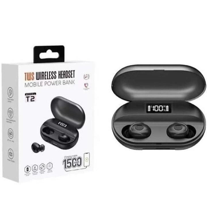 T2 TWS 5.0 Wireless Noise Cancelling Bluetooth Headset with 1500mAh Power Bank and LED Display (Black)