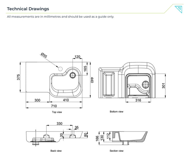 Gentec Sterisan 710mm Anti-Microbial Accessible Wall-Mounted Basin Sink with Left-Hand Shelf - Tap Hole