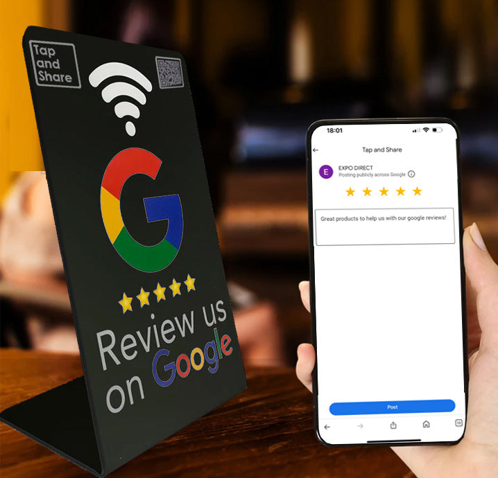 Tap and Share Contactless Sharing Smart NFC 'Review us on Google' Counter Sign + QR code | Black