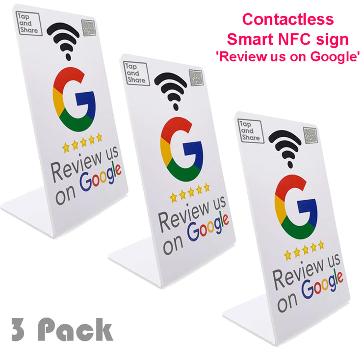 Tap and Share Smart Contactless Google Review Counter Sign Stand NFC + QR Code 'Review Us' | 3 Pack