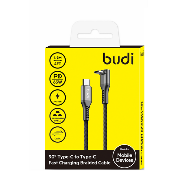 Budi 65W PD Type-C to Type-C Fast Charging Braided Cable (1.2m) - 90° Angled, Durable, High-Speed Charging