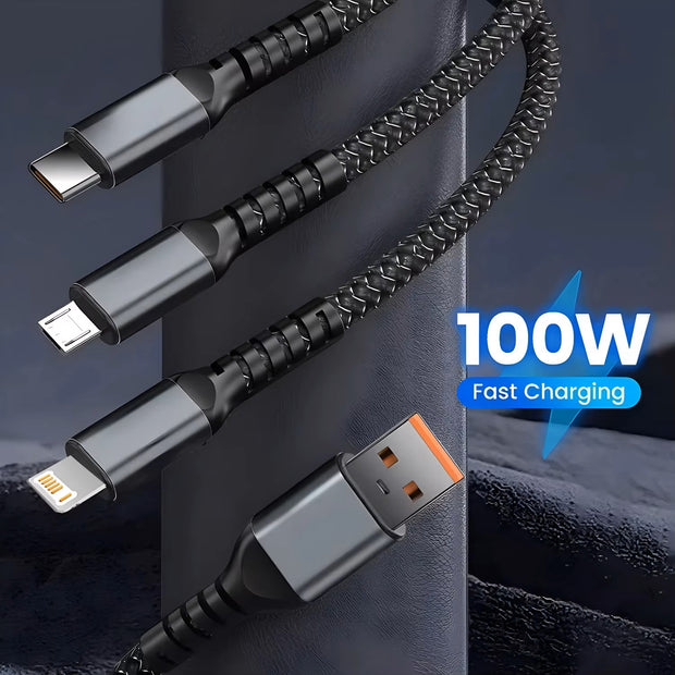 100W 3-in-1 PD Fast Charging Cable | USB to USB-C, Micro USB & Lightning | Nylon Braided 1.2m