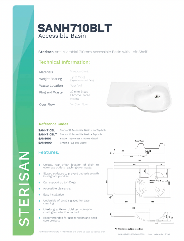 Gentec Sterisan 710mm Anti-Microbial Accessible Wall-Mounted Basin Sink with Left-Hand Shelf - Tap Hole