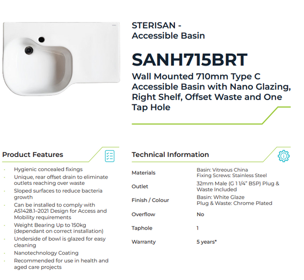 Gentec Sterisan 710mm Anti-Microbial Accessible Wall-Mounted Basin Sink with Right-Hand Shelf - Tap Hole