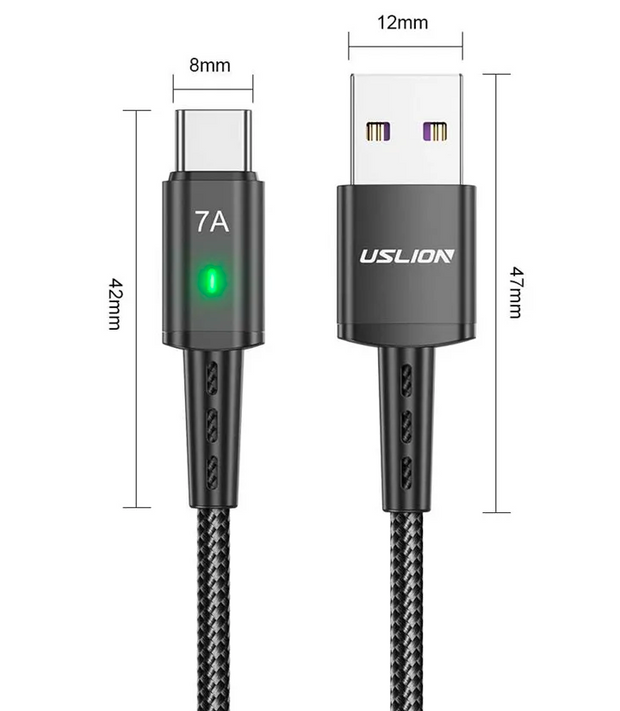 Dark Player Uslion 100W Fast Charging USB A to USB Type-C Cable | 100W / 7A PD Fast Charge Cable | Data transfer | 2m