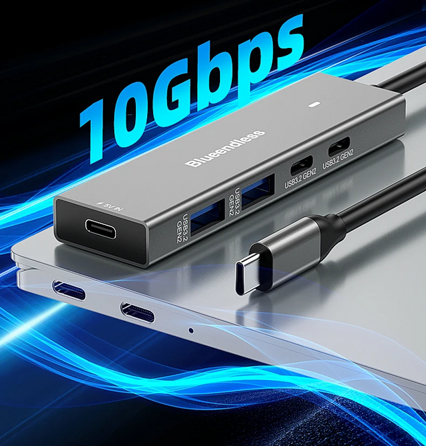 Dark Player Blueendless 4-in-1 USB Type-C Hub with 2 USB-A Ports, 2 USB-C Ports, and 1 Type-C Power Supply Port