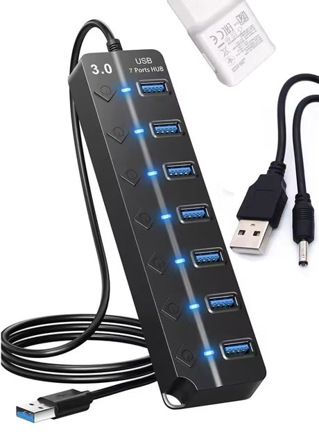 Dark Player Powered High-Speed USB 3.0 Hub with 7-Port & Individual Sw ...