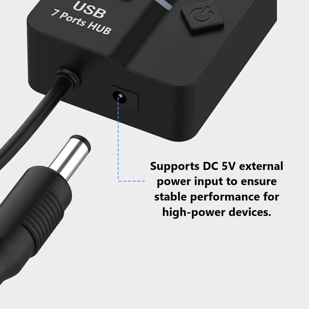Dark Player Powered High-Speed USB 3.0 Hub with 7-Port & Individual Switches | 120cm Cable, 5Gbps Data Transfer