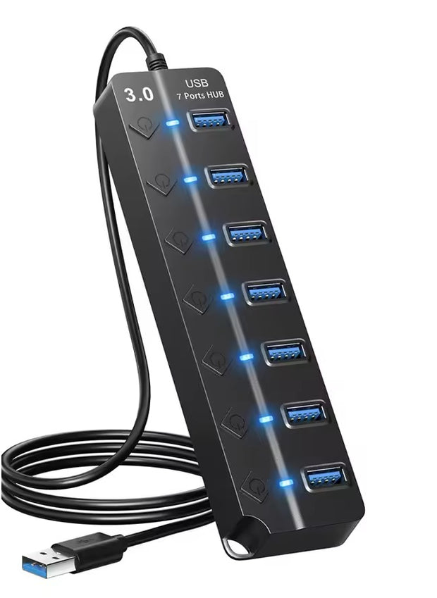 Dark Player Powered High-Speed USB 3.0 Hub with 7-Port & Individual Switches | 120cm Cable, 5Gbps Data Transfer