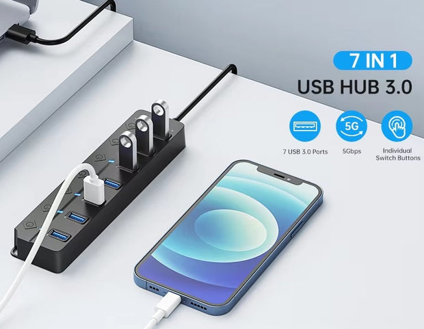 Dark Player Powered High-Speed USB 3.0 Hub with 7-Port & Individual Switches | 120cm Cable, 5Gbps Data Transfer
