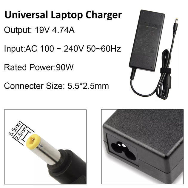 Dark Player 90W Universal Laptop Charger 19V 4.74A | 5.5x2.5mm DC Jack ...