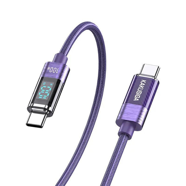 KAKUSIGA 100W Type-C to Type-C Charging Data Cable with Transparent Digital Display – 1m Length