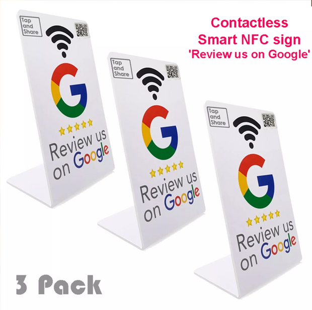 Tap and Share Smart Contactless Google Review Counter Sign Stand NFC + QR Code 'Review Us' | 3 Pack