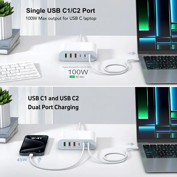 Dark Player 200W USB-C Charger | 6-Port GaN Fast Charging Hub (3 USB-C & 3 USB-A) | Multi-Device Charging Station for MacBook, iPad, iPhone, Samsung, Google Pixel