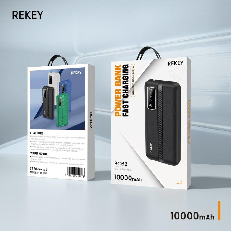 Rekey BoostUp Charge 10K 3 Port Portable Power Bank with Cable (Black) | 10,000 mAh