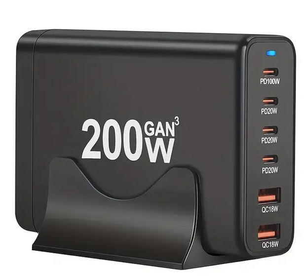 Dark Player 200W GaN USB-C Charger | 6-Port Fast Charging Station | 1x 100W USB-C PD, 3x 20W USB-C, 2x 18W USB-A QC