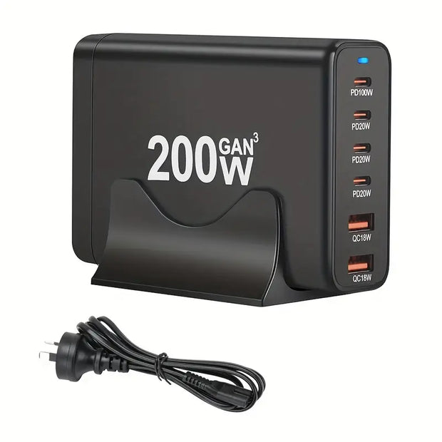 Dark Player 200W GaN USB-C Charger | 6-Port Fast Charging Station | 1x 100W USB-C PD, 3x 20W USB-C, 2x 18W USB-A QC