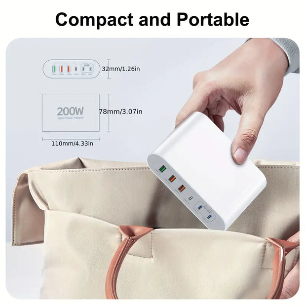 Dark Player 200W USB-C Charger | 6-Port GaN Fast Charging Hub (3 USB-C & 3 USB-A) | Multi-Device Charging Station for MacBook, iPad, iPhone, Samsung, Google Pixel