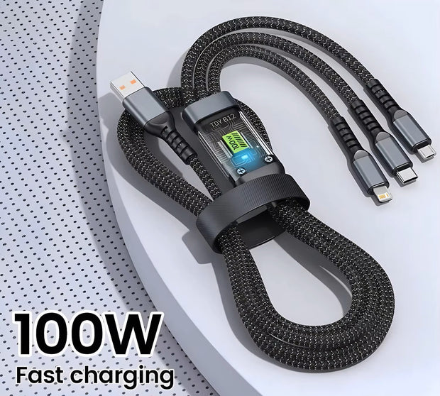 100W 3-in-1 PD Fast Charging Cable | USB to USB-C, Micro USB & Lightning | Nylon Braided 1.2m