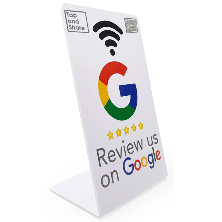 Tap and Share Contactless Sharing Smart NFC 'Review us on Google' Counter Sign + QR code | White