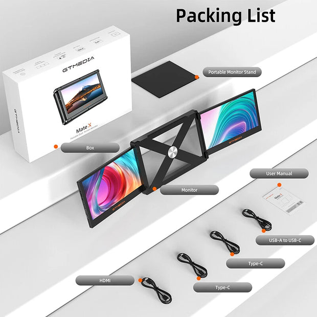 Mate X 11.6” Dual 1080P FHD Portable Laptop Monitor Extender – Triple Screen, Type-C/HDMI/USB - For 13”–17” Laptops (Plug & Play)