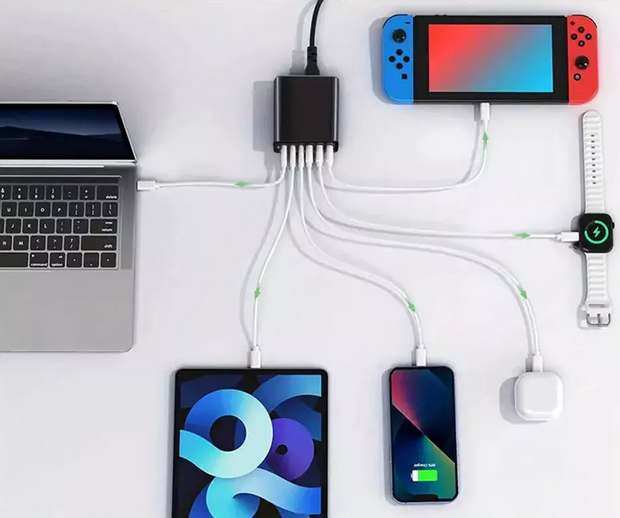 Dark Player 200W GaN USB-C Charger | 6-Port Fast Charging Station | 1x 100W USB-C PD, 3x 20W USB-C, 2x 18W USB-A QC