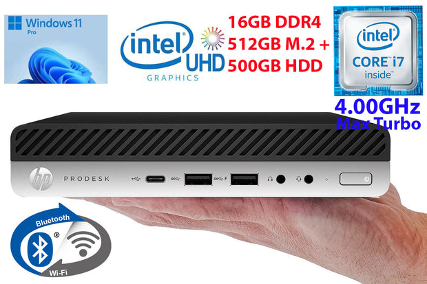 HP ProDesk 600 G4 Mini, Intel Core i7 up to 4.00GHz, 16GB RAM, 512GB M.2 NVMe + 512GB HD, USB-C, Intel UHD Graphics, Display Port, VGA, WiFi & BT, Windows 11 Pro