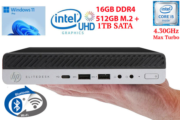 HP EliteDesk 800 G4 Mini, Intel Core i5 up to 4.30GHz, 16GB RAM, 512GB M.2 NVMe + 1TB SATA, USB-C, Intel UHD Graphics, Display Port, HDMI, WiFi & BT, Windows 11 Pro