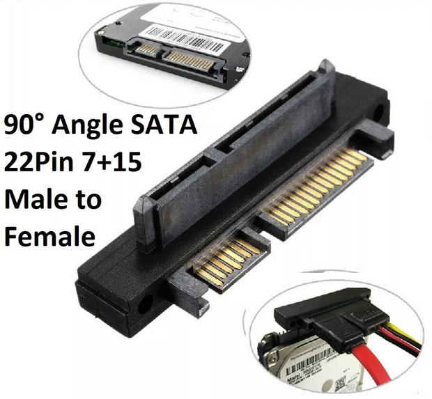 FF-8482 22 Pin SATA to 7+15 Pin Male HDD SSD 90° Angle Adapter – Space-Saving SATA Down Angle Adapter