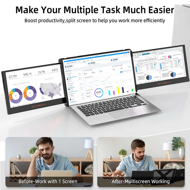 Mate X 11.6” Dual 1080P FHD Portable Laptop Monitor Extender – Triple Screen, Type-C/HDMI/USB - For 13”–17” Laptops (Plug & Play)