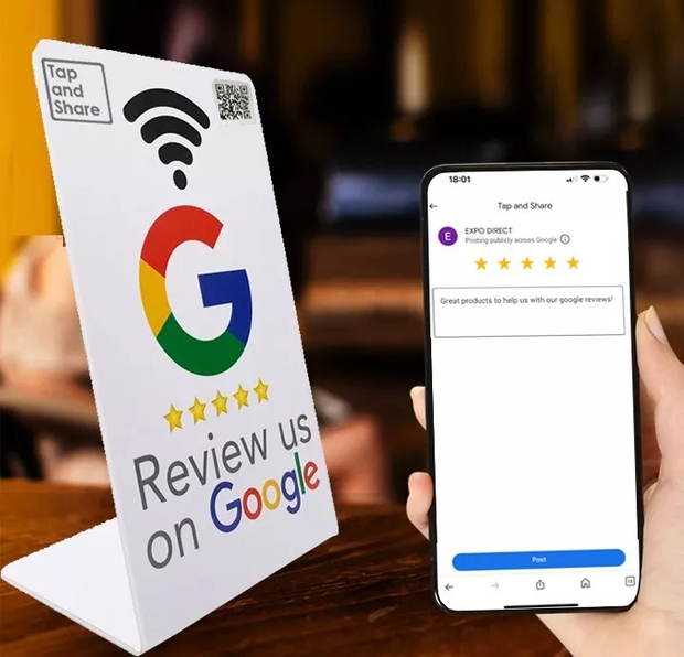 Tap and Share Smart Contactless Google Review Counter Sign Stand NFC + QR Code 'Review Us' | 3 Pack